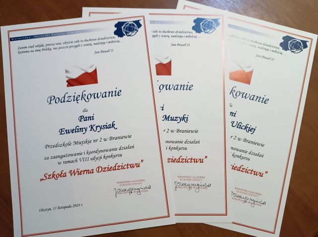 podziekowania dla koordynatorow w ramach programu Szkola Wierna Dziedzictwu